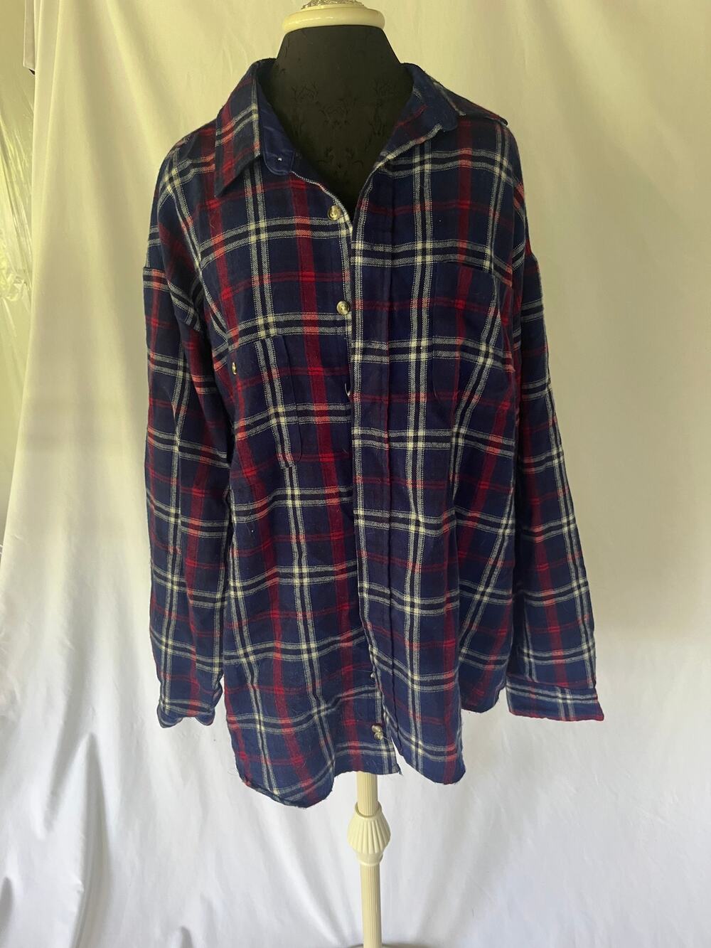 Vintage Windridge Plaid Flannel Shirt Mens XXLT Tall Blue Red White Acrylic